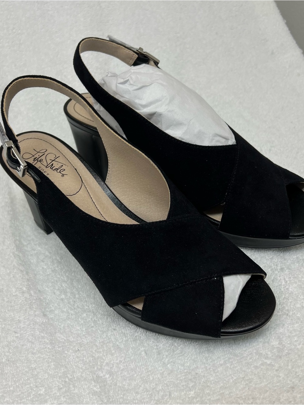 Life Stride Black Suede Peep Toe Wedge Slingback Heels NWOT Sz 10
